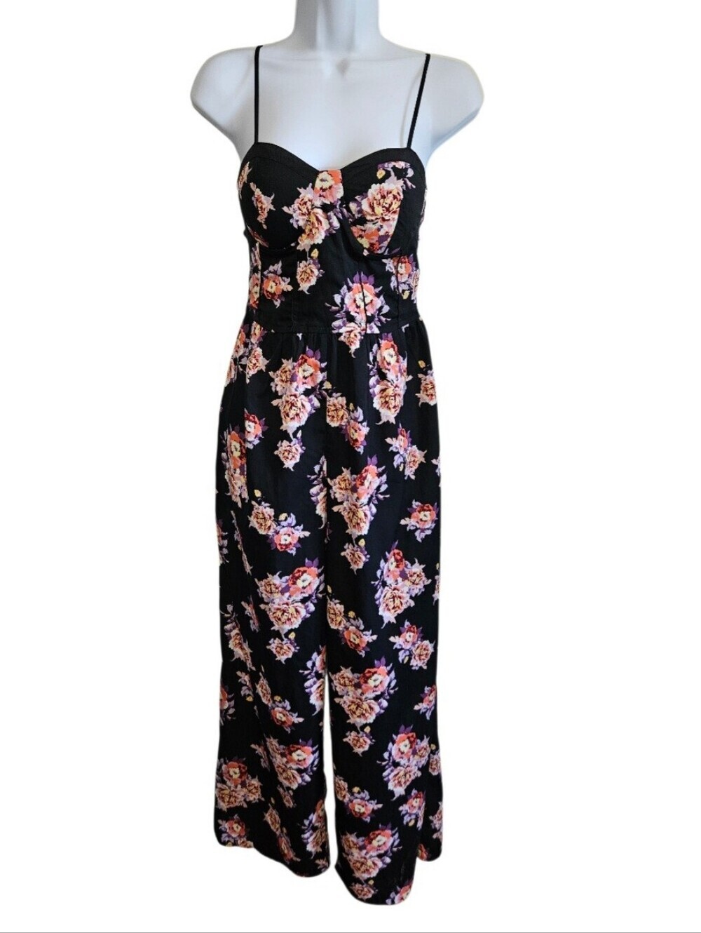 0090 Band of Gypsies Floral Bustier Wide Leg Jumpsuit XS Boho Festival Romantic